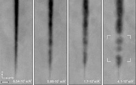 These electron microscope images show how the crack in a crystal of titanium dioxide begins to ‘heal’ with increasing electron doses. Image: Mkoyan Group, University of Minnesota.