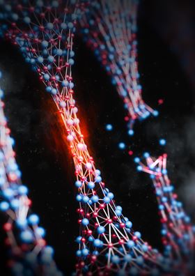 An artist’s impression of testing the tensile strength of amorphous silicon carbide nanostrings. Image: Science Brush.