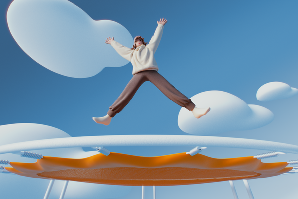 An illustration of a person in comfortable clothing jumping on an orange trampoline. Their arms and legs are extended. There is a blue sky with white, fluffy clouds in the background.