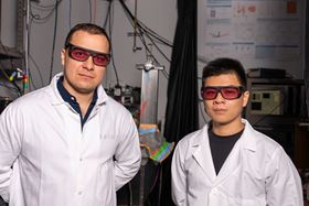 Andrey Baydin (left) and Fuyang Tay (right) in the laboratory. Photo: Gustavo Raskosky/Rice University.